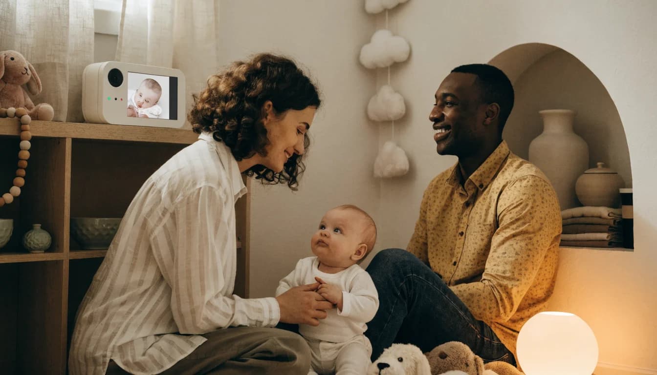 Parents jouant avec leur bébé dans une chambre d'enfant, un babyphone posé à côté